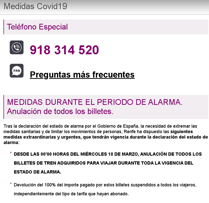 Coronavirus situation. Transport measures. Renfe changes and refunds tickets with no additional costs