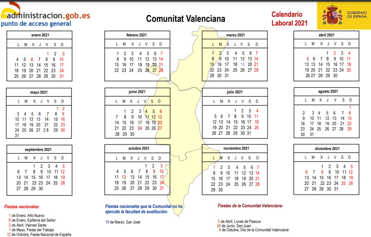 Calendarul sărbătorilor 2021 în Spania și Comunitatea Valencia