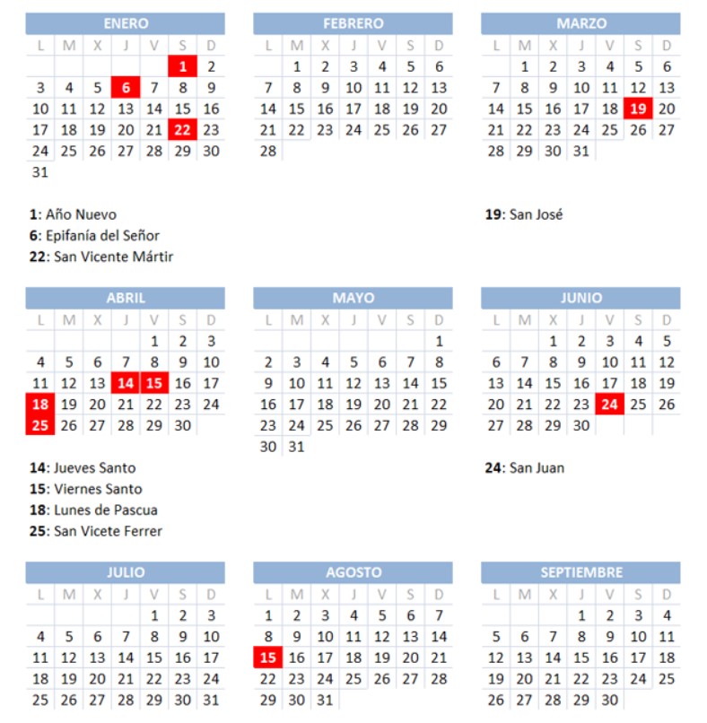 Calendarul sărbătorilor, al zilelor libere și al celor lucrătoare în 2022 în Comunitatea Valencia